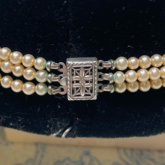 16” Vintage Sterling Silver Three Strand Faux Pearl Necklace - Picture 4 of 4